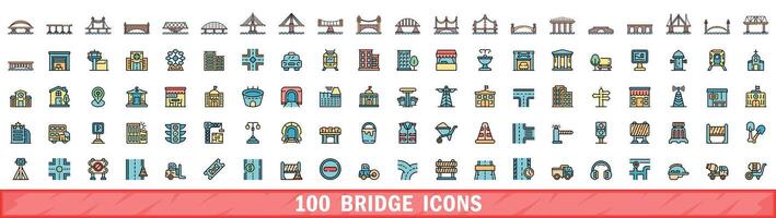 100 brug pictogrammen set, kleur lijn stijl vector