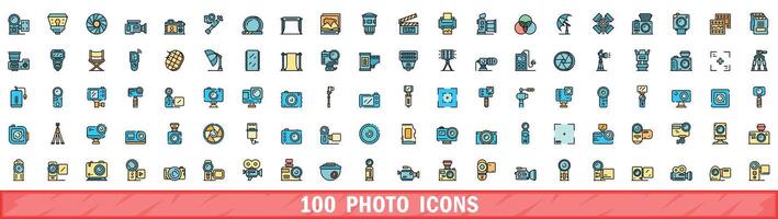 100 foto pictogrammen set, kleur lijn stijl vector