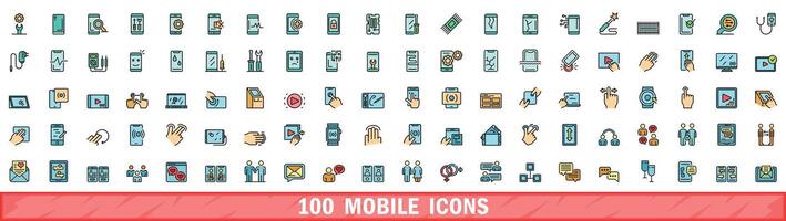 100 mobiel pictogrammen set, kleur lijn stijl vector