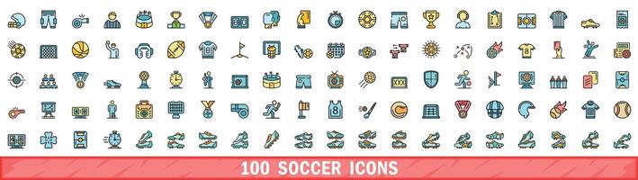 100 voetbal pictogrammen set, kleur lijn stijl vector