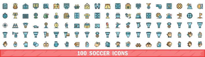 100 voetbal pictogrammen set, kleur lijn stijl vector