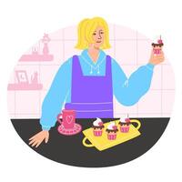 vrouw heeft gebakken cupcakes en is genieten van hen met een heet drinken vector