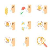 allergieën platte ontwerp lange schaduw kleur iconen set. voedsel, dier, insectensteken allergie, hooikoorts, diagnose. allergische ziekten. medische gezondheidszorg. vector silhouet illustraties