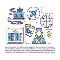 luchtvaartmaatschappij artikel pagina vector sjabloon. vliegtuigbemanning, vliegregels. brochure, tijdschrift, boekje ontwerpelement met lineaire pictogrammen en tekstvakken. print ontwerp. conceptillustraties met tekstruimte