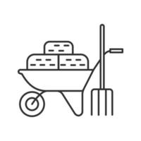 kruiwagen met balen hooi en hooivork lineaire pictogram. landbouw werk. dunne lijn illustratie. contour symbool. vector geïsoleerde overzichtstekening