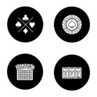 casino glyph pictogrammen instellen. Lucky Seven, bingo, casinofiche, speelkaarten. vector witte silhouetten illustraties in zwarte cirkels