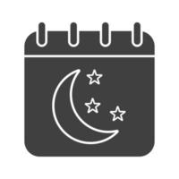 nacht glyph kalenderpictogram. silhouet symbool. kalenderpagina met maan en sterren. negatieve ruimte. vector geïsoleerde illustratie