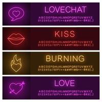 hou van neonlicht banner sjablonen set. Valentijnsdag. lovechat, kus, passie, hart met cupido's pijl. website gloeiende menu-items. geïsoleerde vectorillustraties vector