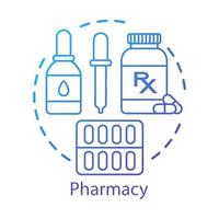 apotheek concept icoon. farmacologische producten. geneeskunde, medicijnen in tabletten, druppels, capsules. behandelplan. drogisterij idee dunne lijn illustratie. vector geïsoleerde overzichtstekening. bewerkbare streek