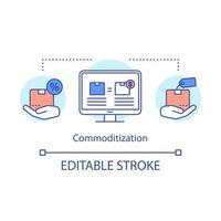 commoditization concept icoon. klantenservice, e-commerce idee dunne lijn illustratie. moderne zaken, consumentisme. pakketten en computermonitor vector geïsoleerde overzichtstekening. bewerkbare streek