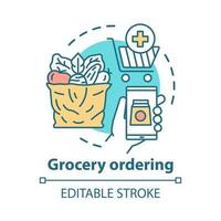 boodschappen bestellen concept icoon. klantenservice, thuisbezorging idee dunne lijn illustratie. winkelwagen, smartphone en groenten pakket vector geïsoleerde overzichtstekening. bewerkbare streek