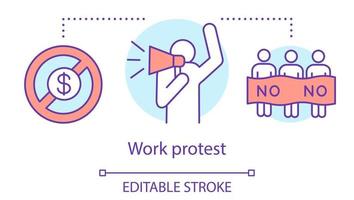 werk protest concept icoon. openbare staking, vakbond staking idee dunne lijn illustratie. salaris niet-betaling, activist met megafoon en demonstranten vector geïsoleerde overzichtstekening. bewerkbare streek