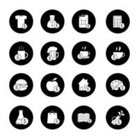 commerciële artikelen glyph pictogrammen instellen. koop voedsel, benzine, boeken, onderzoek, onroerend goed, kleding, kunst en sportartikelen. vector witte silhouetten illustraties in zwarte cirkels