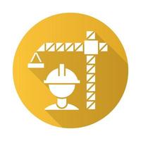 bouwindustrie gele platte ontwerp lange schaduw glyph pictogram. bouwsector. kraanbouwer in helm. bouw huisvesting, infrastructuur. vastgoed Ontwikkeling. vector silhouet illustratie