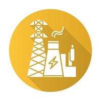 energie-industrie gele platte ontwerp lange schaduw glyph pictogram. opwekking en transport van elektriciteit. elektrische sector. kerncentrale en hoogspanningstoren. vector silhouet illustratie