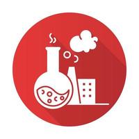 chemische industrie rode platte ontwerp lange schaduw glyph pictogram. productie van synthetische materialen. industriële chemicaliën produceren. kolf, rokende plant. vervuilende fabriek. vector silhouet illustratie