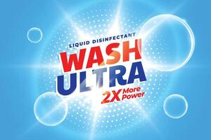 ultra schoon wasmiddel poeder etiket met bubbels en licht effect vector