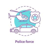 politie concept icoon. wetshandhaving idee dunne lijn illustratie. politieauto, helikopter, badge. vector geïsoleerde overzichtstekening