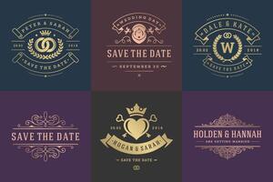 bruiloft uitnodigingen opslaan de datum logos en badges elegant Sjablonen reeks vector