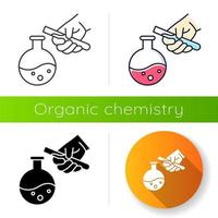 vloeibare kolf en reageerbuis icoon. organische chemie. laboratoriumexperiment uitvoeren. mengen, chemicaliën toevoegen. plat ontwerp, lineaire, zwarte en kleurstijlen. geïsoleerde vectorillustraties vector