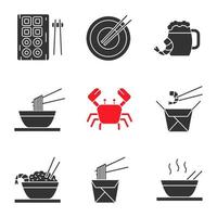 Chinees eten glyph pictogrammen instellen. sushi, noedels, ramen, gebakken rijst met eetstokjes van zeevruchten, bier, krab. silhouet symbolen. vector geïsoleerde illustratie