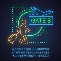 luchthaven neon licht concept icoon. boarding gate idee. reizen met het vliegtuig. vertrek. gloeiend bord met alfabet, cijfers en symbolen. vector geïsoleerde illustratie