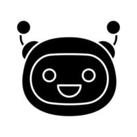lachende robot emoji glyph icoon. vrolijke chatbot-smiley met brede glimlach en open ogen. silhouet symbool. kunstmatige conversatie-entiteit. negatieve ruimte. vector geïsoleerde illustratie