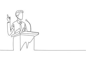 doorlopend een lijn tekening jong zakenman sprekend Bij de podium terwijl geven gebaar van hijs- een vinger omhoog. inspirerend toespraak. conferentie fase. single lijn trek ontwerp illustratie vector