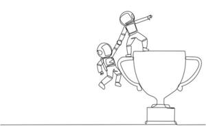 doorlopend een lijn tekening astronaut helpt collega beklimmen de groot trofee. prestatie dat kan niet worden bereikt zonder Super goed teamwerk. slim teamwerk. single lijn trek ontwerp illustratie vector