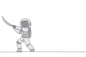 single doorlopend lijn tekening astronaut Holding samoerai. gestileerde Leuk vinden samurai atleet bewaken bedrijf. bereid naar elimineren verstoren bedrijf groei. ruimtevaarder. een lijn ontwerp illustratie vector