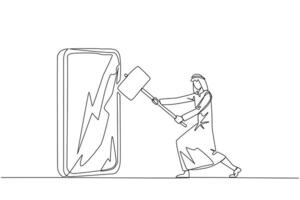 doorlopend een lijn tekening Arabisch zakenman voorbereidingen treffen naar raken groot smartphone. technologie kan destructief als niet gebruik naar behoren. intelligentie- is verplicht. single lijn trek ontwerp illustratie vector