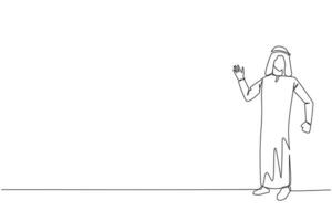 doorlopend een lijn tekening Arabisch Mens staand geven een gebaar. uitnodiging naar bijwonen de boek festival. tentoonstelling van meerdere types van boeken. gelukkig lezen. single lijn trek ontwerp illustratie vector