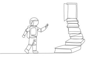 single doorlopend lijn tekening astronaut beklimmen trap van de boek stapel. naar de breed Open deur. metafoor van vinden de antwoorden van boeken. boek festival. een lijn ontwerp illustratie vector