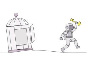 single doorlopend lijn tekening jong astronaut rennen uit van de kooi Holding de sleutel. concept van vrijheid van iets dat bindt. vrijheid naar vooruitgaan bedrijf. een lijn ontwerp illustratie vector