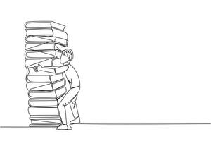 single doorlopend lijn tekening Mens knuffelen een heel hoog stapel van boeken. hobby naar verzamelen en lezing boeken. vulling vrij tijd met nuttig dingen. liefhebbend lezen. een lijn ontwerp illustratie vector