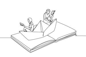 single doorlopend lijn tekening Arabisch Mens vrouw lezing boek Aan papier boot. in stand houden mooi zo gebruiken. de metafoor van lezing kan onderzoeken oceaan. boek festival concept. een lijn ontwerp illustratie vector