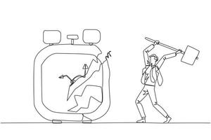 single doorlopend lijn tekening zakenman voorbereidingen treffen naar raken de groot alarm klok. kan niet beheren tijd goed. veel bedrijf mogelijkheden verdwijnen. boos zakenman. een lijn ontwerp illustratie vector