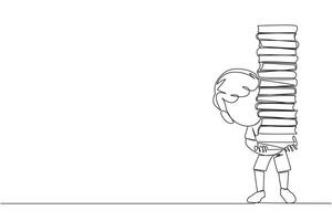 single doorlopend lijn tekening jongen draag- een hoog stack van boeken aan het bedekken zichzelf. nieuw gekocht boek van een boekhandel. lezen boeken een door een Bij huis. liefde lezen. een lijn ontwerp illustratie vector