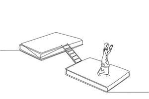 single doorlopend lijn tekening Arabisch vrouw wandelen lezing Aan boek. boek tentoonstelling concept. Scherm veel boeken, wetenschappelijk boeken naar fictie verhaal boeken. boek festival. een lijn illustratie vector