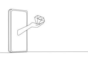 doorlopend een lijn tekening hand- komt uit van midden- van smartphone Holding diamant. de opwinding van online dingen winkelen, krijgen vind de verborgen edelstenen. single lijn trek ontwerp illustratie vector