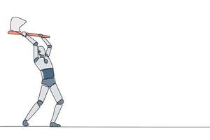 single doorlopend lijn tekening slim robot swinging een bijl. stijl Leuk vinden een houthakker. sterk. gespierd. krachtig. sport- voor fysiek Gezondheid. bewustzijn. ai techniek. een lijn ontwerp illustratie vector