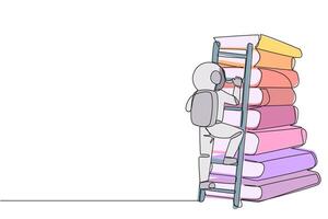doorlopend een lijn tekening astronaut klimt een groot stack van boeken met een ladder. wereld venster boek metafoor. lezing neemt toe kennis. kosmonaut. single lijn trek ontwerp illustratie vector