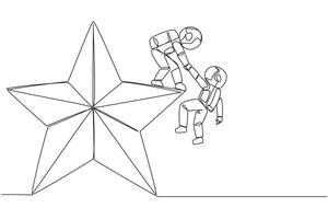 doorlopend een lijn tekening astronaut helpt collega beklimmen groot ster. metafoor van bereiken dromen van succes samen. hebben een heel mooi zo carrière positie. single lijn trek ontwerp illustratie vector