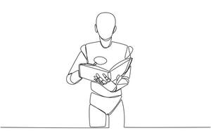 single doorlopend lijn tekening slim robot lezing boek terwijl Holding een vergrootglas. klein brieven dat robots kan niet herken zonder hulpmiddelen. op zoek voor iets. een lijn ontwerp illustratie vector