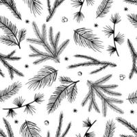 xmas naadloze patroon met kerstboomversieringen, pijnboomtakken hand getekende kunst ontwerp vectorillustratie. vector