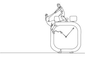 single een lijn tekening Arabisch zakenman helpt collega beklimmen alarm klok. helpen collega's. deadline is komt eraan. werk samen voor beter einde resultaat. doorlopend lijn ontwerp grafisch illustratie vector