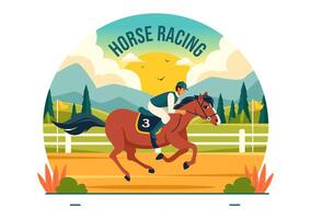 paard racing wedstrijd illustratie met ruiter prestatie sport en rijder of jockeys in een renbaan Aan vlak tekenfilm achtergrond vector