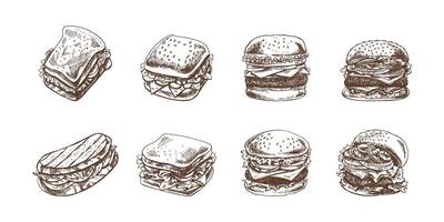 hamburgers en boterhammen set. hand getekend monochroom schetsen van verschillend hamburgers en boterhammen met spek, kaas, salade, tomaten, komkommers enz. snel voedsel retro illustraties. vector