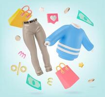 3d boodschappen doen kleding concept achtergrond tekenfilm ontwerp stijl vector