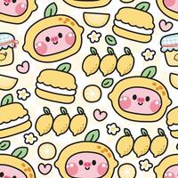 naadloos patroon van schattig varken in citroen concept achtergrond.boerderij dier karakter tekenfilm ontwerp collectie.sap,fruit,blad,bloem,macaron hand- getekende natuur.zomer.fris.kawaii.illustratie. vector